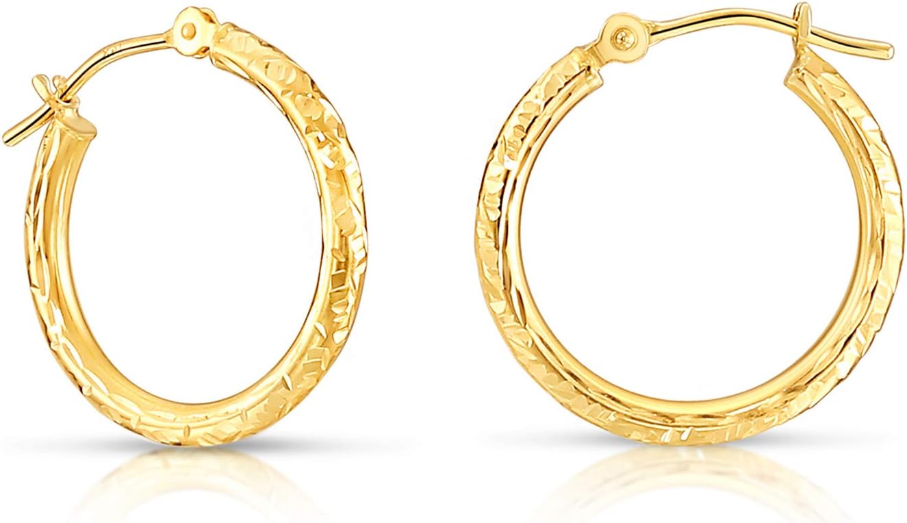 14k Yellow Gold Hand Engraved Diamond-cut Round Hoop Earrings