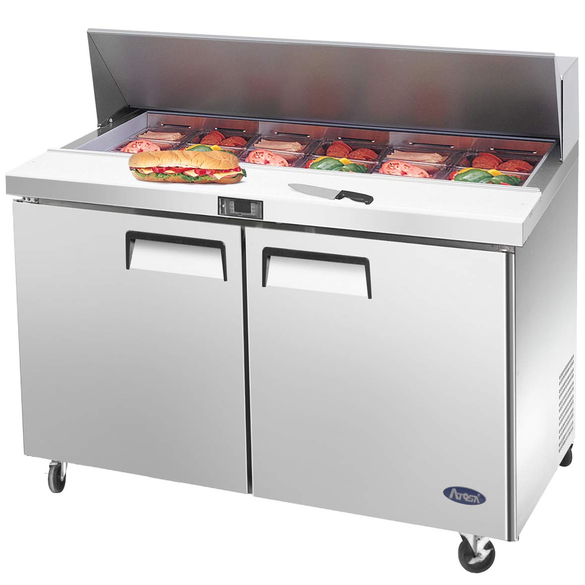 Atosa MSF8302GR 48" Sandwich & Salad Prep Table Refrigerator for Restaurant Hotel Deli Cafeteria | 2-Door 2-Shelf, 10" Cutting Board, 12 (1/6 Size) Pans, 13.4 Cu Ft Capacity | Stainless Steel, 115v