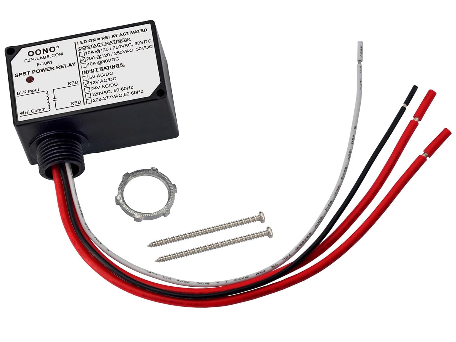 AC/DC 12V SPST 20Amp 250Vac/30Vdc Power Relay Module, Plastic Enclosure and Pre-Wired