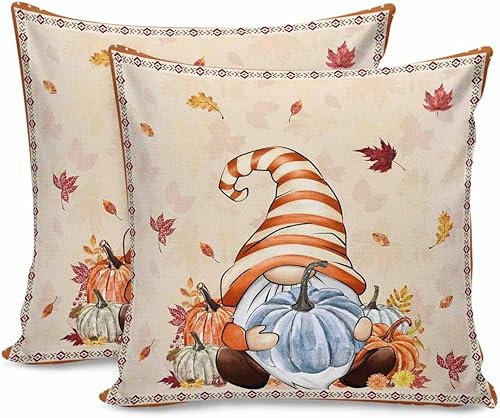 MAIANNE Pack of 2 Cotton Throw Pillow Covers, Fall Branch Maple Leaves Cute Gnomes Pumpkin Boho Soft Square Pillow Covers Home Decoration