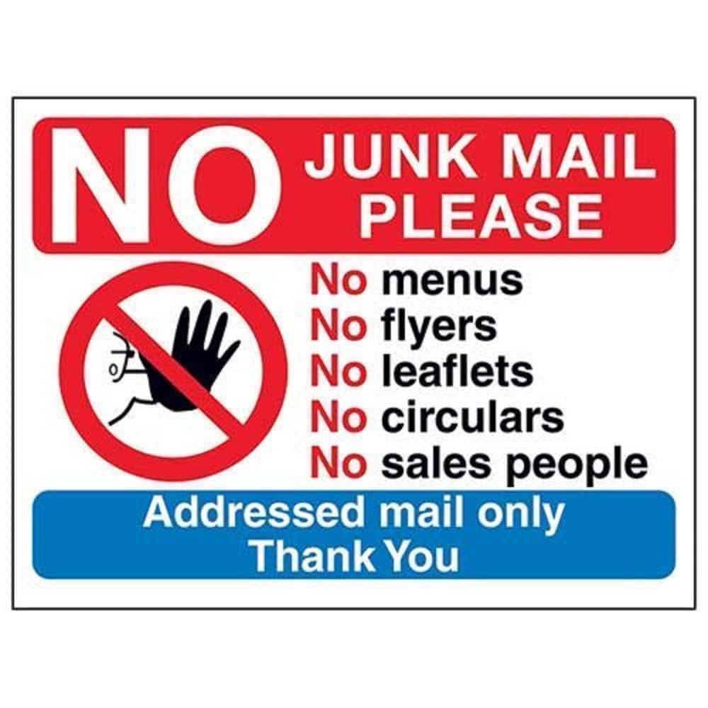 Vsafety Red V Safety No Junk Mail Please, Addressed Mail Only Sign - 200Mm X 150Mm - Window Sticker