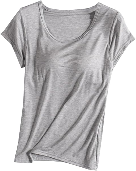Womens Shirts with Built in Bra Short Sleeve Shirts Summer Casual Athletic Workout Yoga Shelf Bra Padded T Shirts Tops - 1