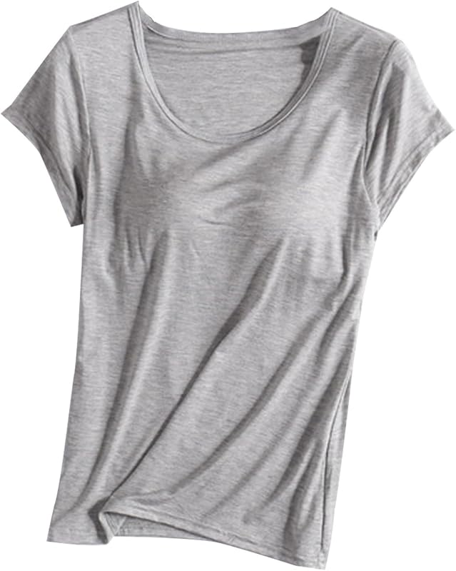 Womens Shirts with Built in Bra Short Sleeve Shirts Summer Casual Athletic Workout Yoga Shelf Bra Padded T Shirts Tops