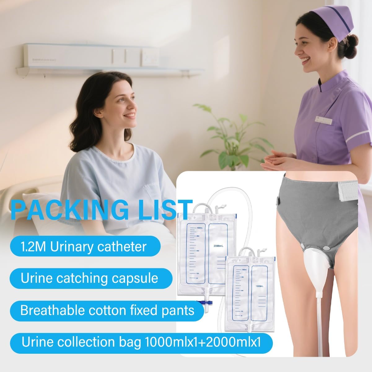 Catheter for Women, Urine Collection System, Reusable Portable Silicone Urinal with 2 Bags (1000ml & 2000ml), 1.2M Tube, and Adjustable Breathable Pants