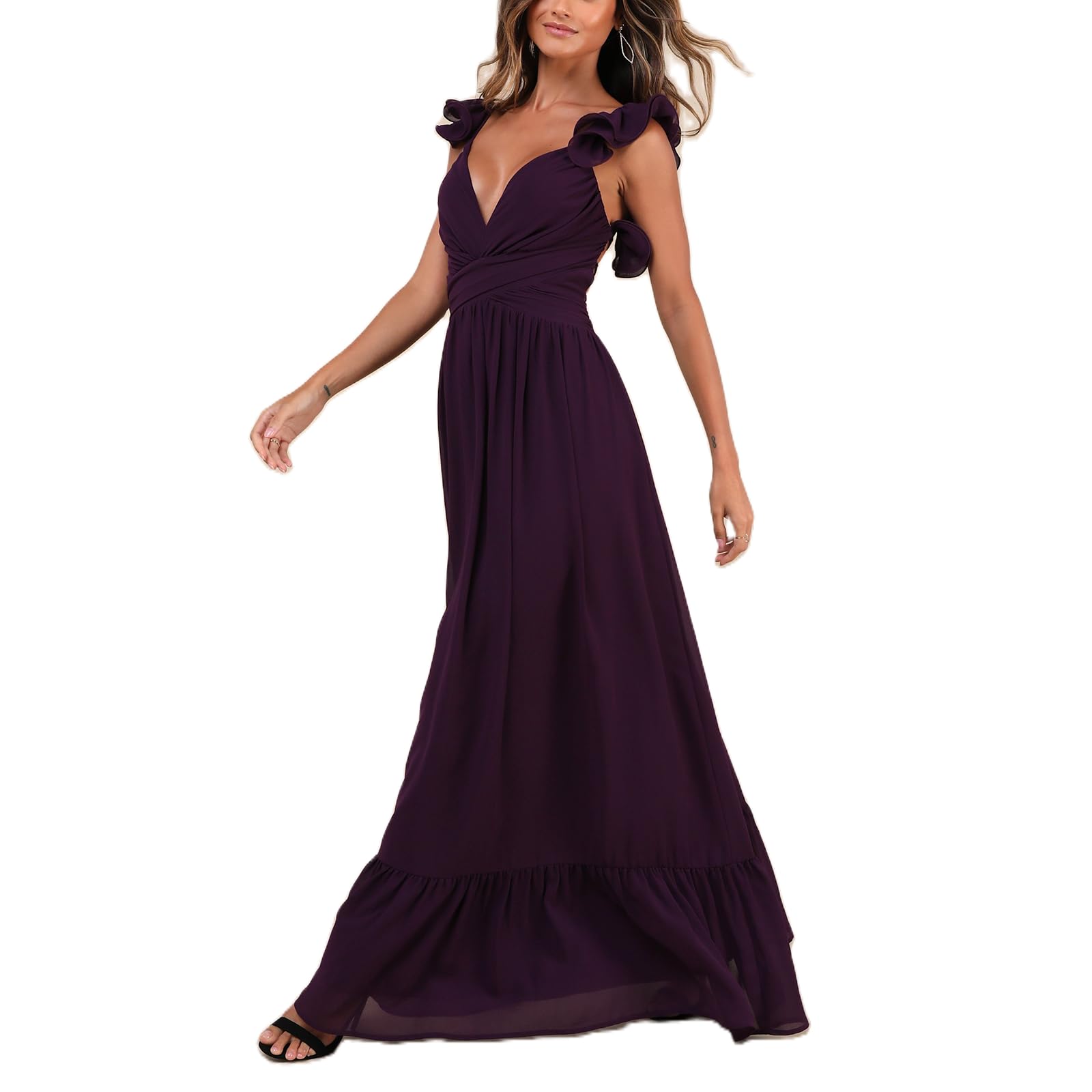 Women Floral Printed Ruffle Hem Maxi Dress Cap Sleeve V Neck Criss Cross Tie Back Long Dress Summer Boho Sundress