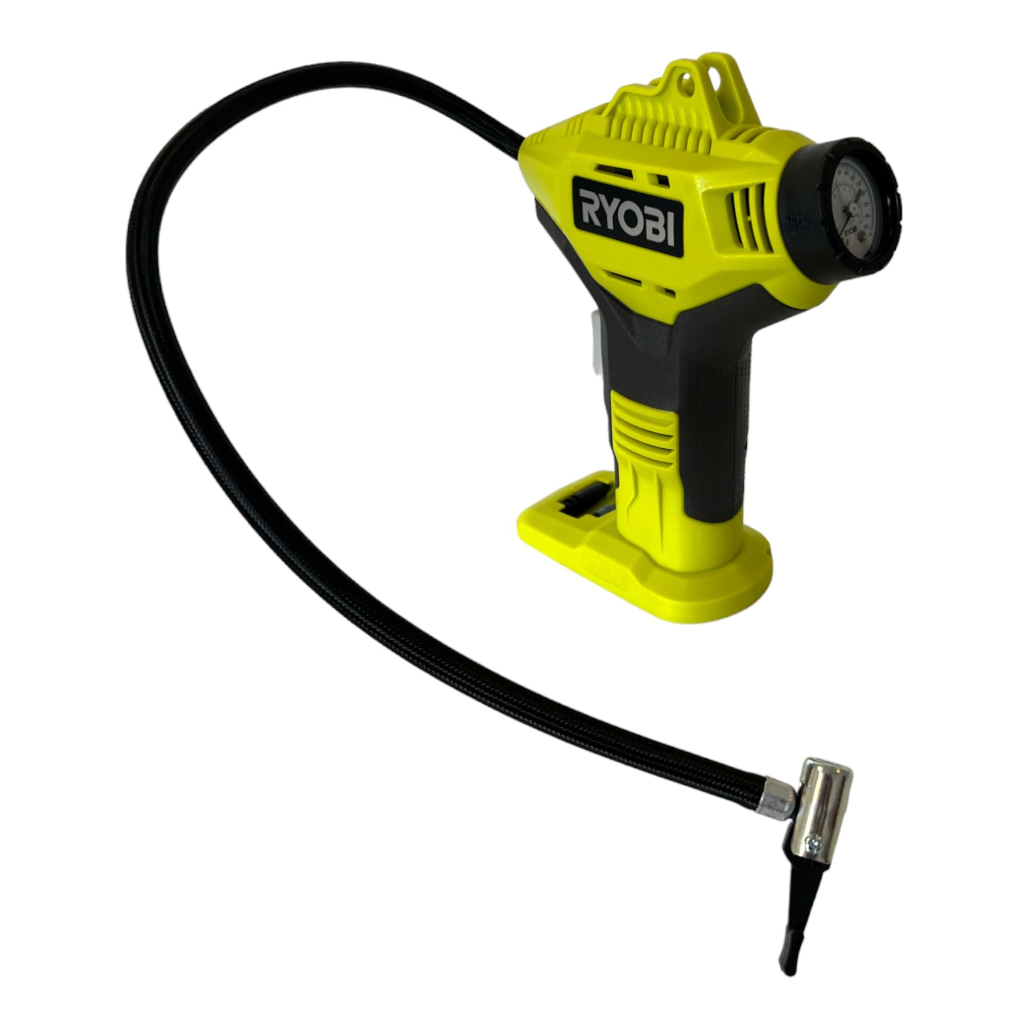 Ryobi Compresseur de Loisirs 18V Gonfleur Livré avec 1 Batterie Lithium+ 18V 2,0 Ah, 1 Chargeur Rapide 2,0 A et 3 Embouts de Gonflage pour Pneus de Voiture, Vélo, Ballons et Autres R18PI-120GJ