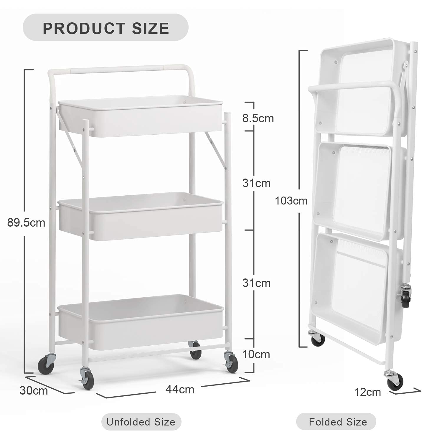 Dripex Carrito de Cocina Plegable con Ruedas, No Requiere Montaje, Soporta 20kg/Nivel, Carros Multiuso para Cocina Oficina Salón Dormitorio, 44x30x89,5cm, 3 Niveles
