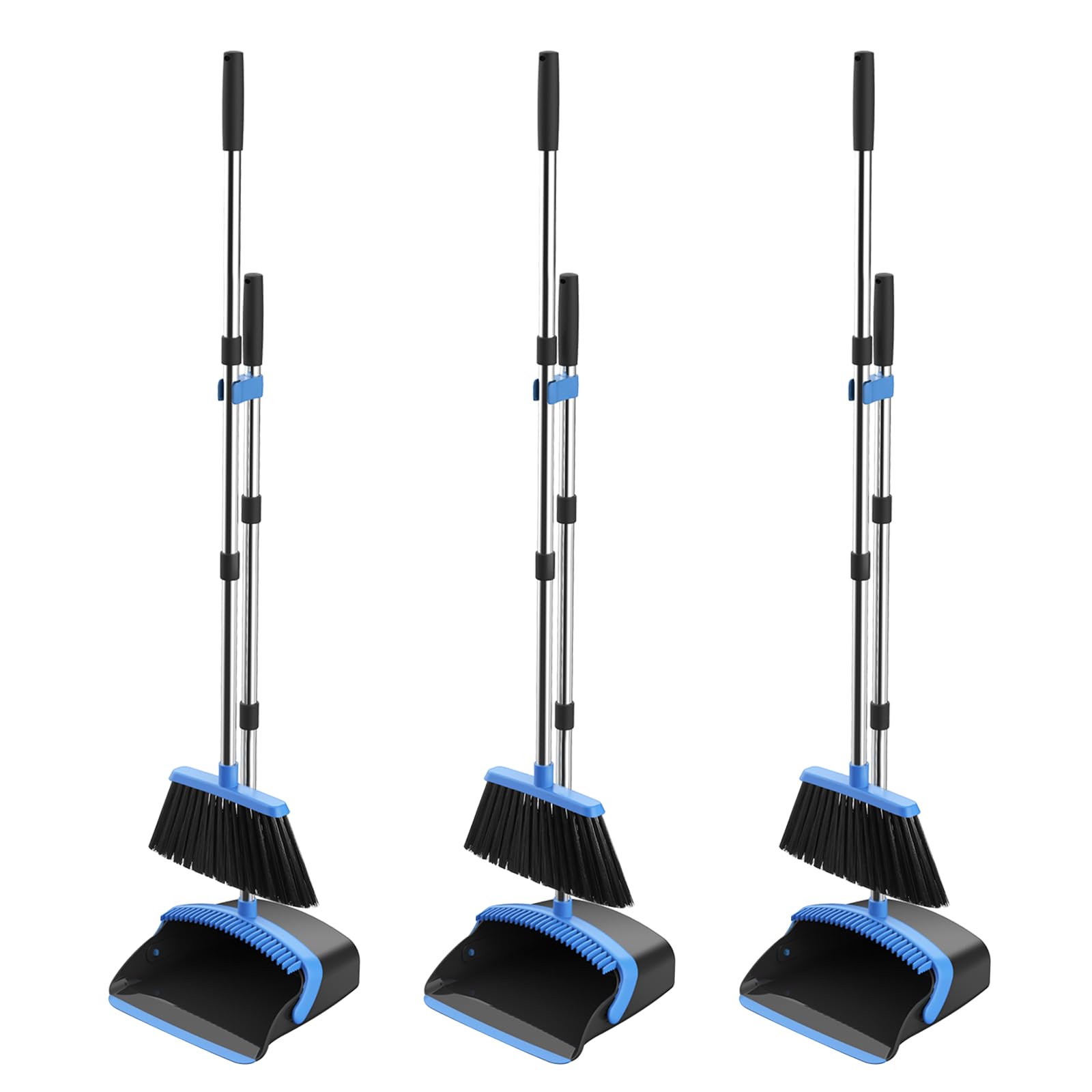 NACENA Broom and Dustpan Set, 52-in Long Adjustable Handle Broom Dustpan Combo with Dustpan Teeth to Automatically Clean Hair Suitable for Home Kitchen Office Hall Floor (Black&amp;Blue),3 Pack