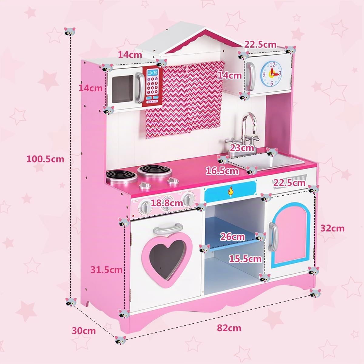 COSTWAY Cucina Giocattolo per Bambini in Legno, Cucina per Bambini con Forno, Microonde, Stufa a Gas, Lavello e Rubinetto, per 3 Anni+