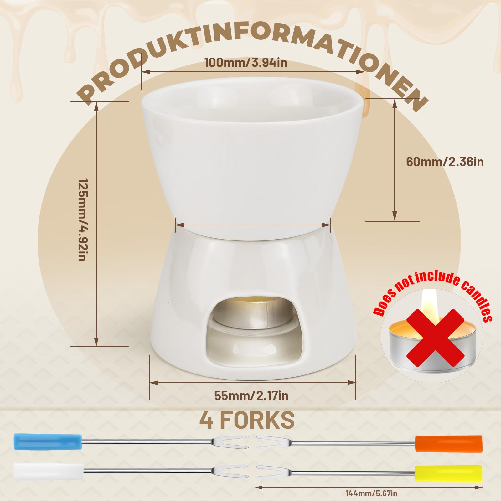 ELNLE Keramik Schokofondue Tasse Schokoladenfondue Sets, Schoko Fondue Tassen, mit 4 Gabeln, Chocolate Fondue Cup, für Schokolade Käse Fondue Familienessen Nachtisch (Schokoladenfondue, Weiß)