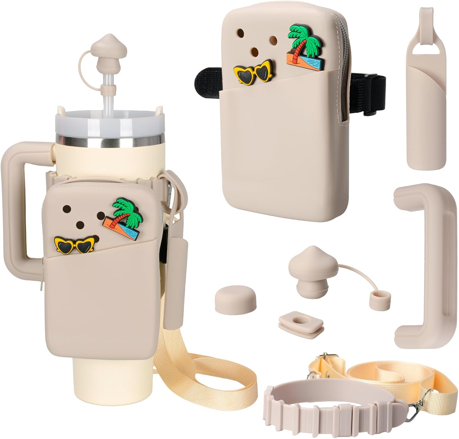 7 PCS Stanley Cup Accessories Set Including Water Bottle Phone Holder, Straw Cover, Spill Stoppers, Chapstick Holder, Handle Protective Cover and Strap, Suitable for Stanley Tumbler