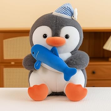 Kawaii Grey Fish Penguin Plush Toy 30cm – Adorable Stuffed Animal with Blue Fish and Checkered Sleep Cap, Soft Cuddly Toy for Kids, Gift, and Home Decor