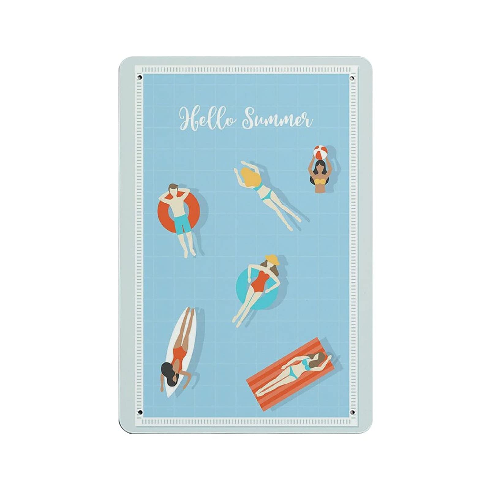 Metal Tin Sign Hello Summer People in Swimming Pool Vintage Tin Poster Metal Sign Wall Decoration Country Kitchen Home Garage Decor 12"x8"
