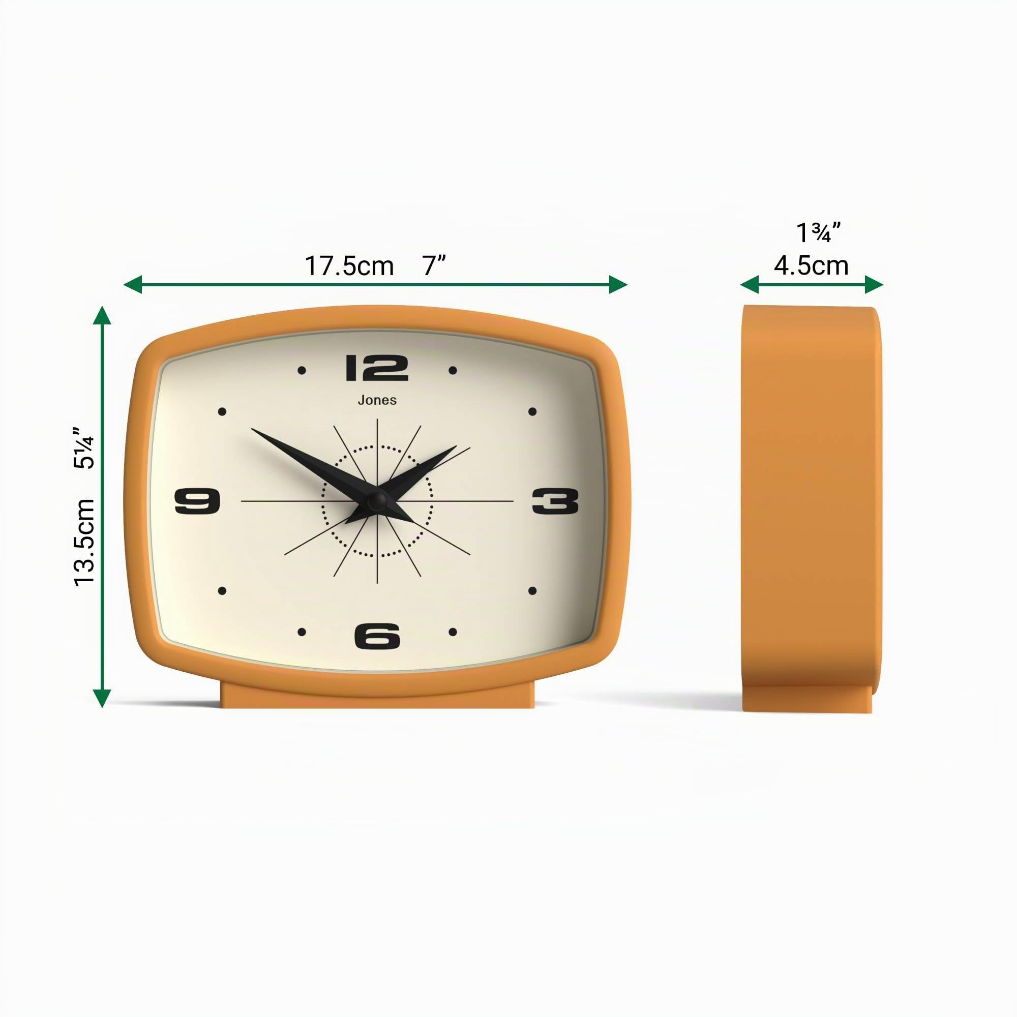 JONES CLOCKS® Film Reloj de Escritorio | Diseño Rectangular Retro | Amarillo Mostaza | Diseño Retro, Que combina el Estilo de Mediados de Siglo con un Acabado Moderno