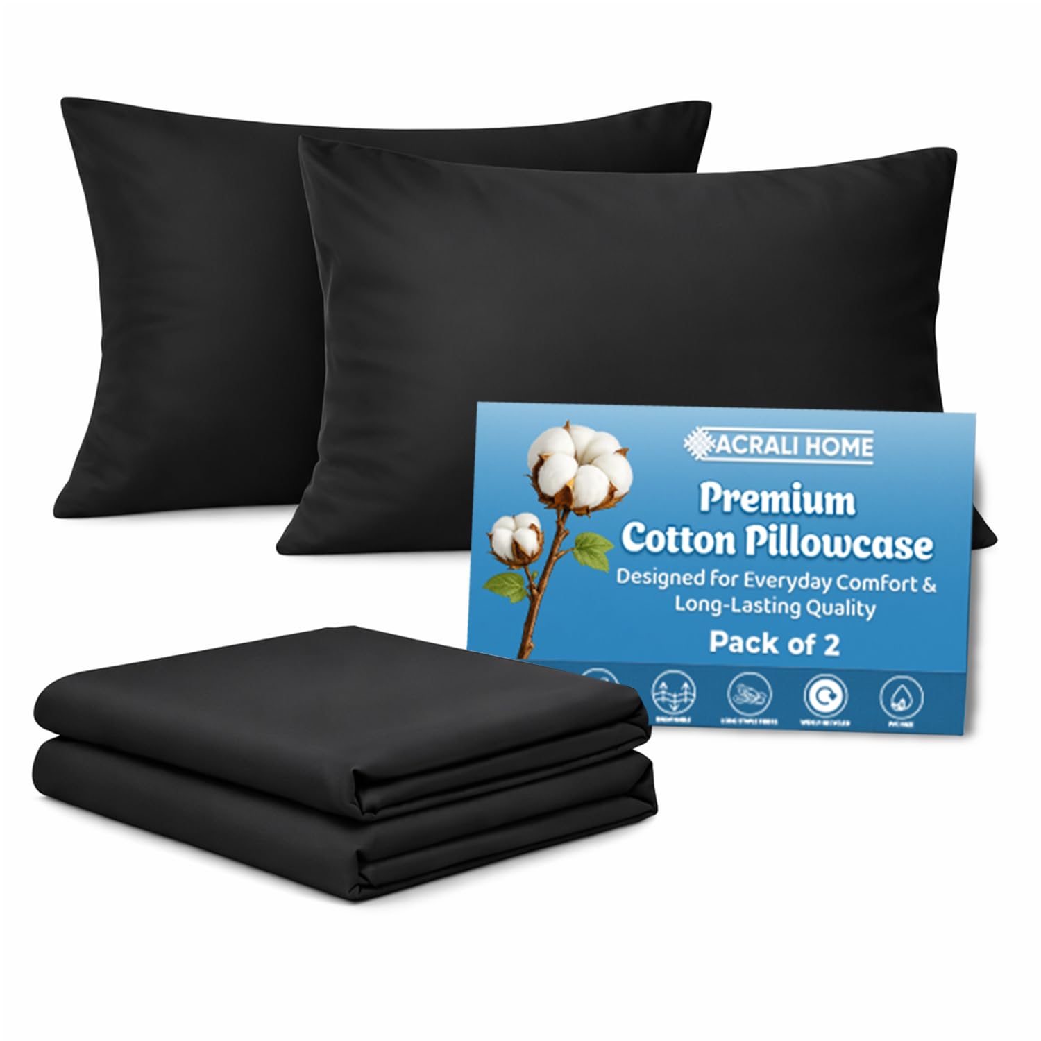 Acrali Home Black Egyptian Cotton Pillow Cases 2 Pack, Standard Size 50x75 cm - 200 Thread Count - Hotel Quality Super Soft, Breathable Pillow Covers with Envelope Closure — image 1