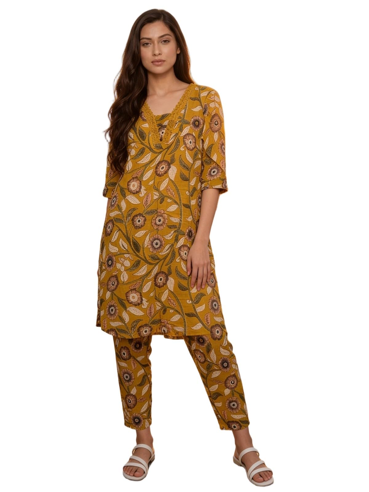 rangita Women Mustard Cotton Printed Straight Co-Ord Set-picture-11