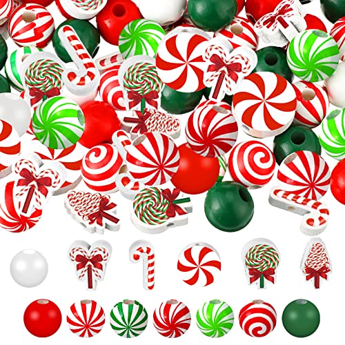 200 Pcs Christmas Wooden Beads Candy Cane Wood Beads Xmas Lollipop Candy Swirl Beads Red Green White 16 mm Round Craft Bead for DIY Garland Jewelry Making Party Home Holiday Tree Hanging (Candy)