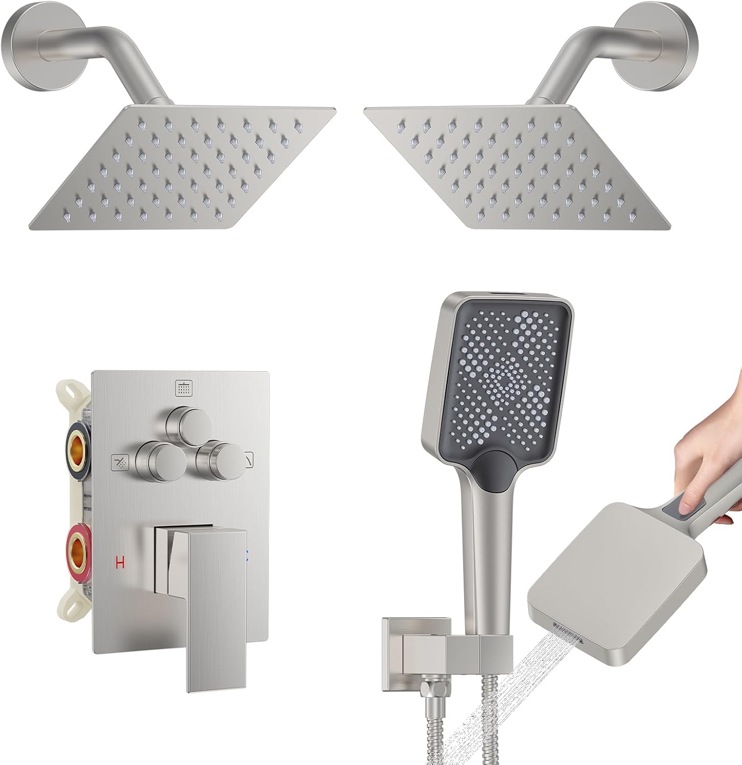 Bathtub Shower Faucet 6-Inch Dual Overhead Rain Showers with 3-Function Handheld Showerhead & Power Jet | Complete Set with Diverter Valve (Brushed Nickel)
