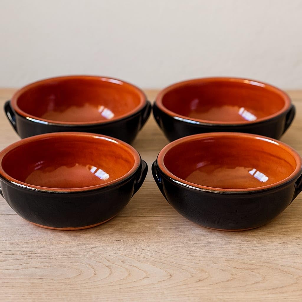 Generico Set 4 Tegamini Terracotta Bicolore 16cm - Ciotole Ceramica con Manici Nero Marrone - Altezza 6cm Tapas Antipasti Contorni Primi - Artigianali - Ebook Omaggio