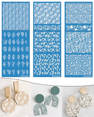 Puocaon Flower Clay Silk Screen - 6 Pcs Reusable Silk Screen Stencils for Polymer Clay Jewelry, Leaves Plant Polymer Clay Silk Screen Stencils for Earrings, Paisley Clay Silk Screen Stencils