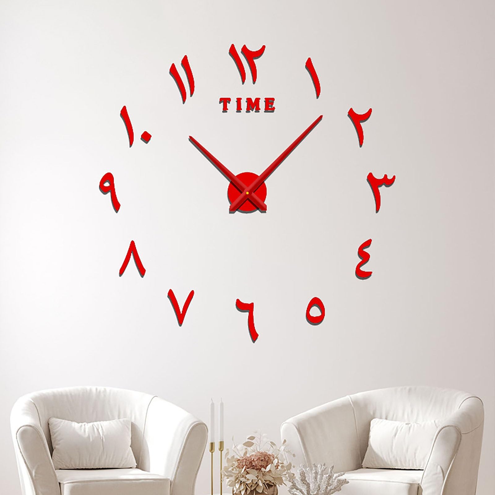 MYBSXKEOZ 3D DIY Stick On Wall Clock,3D Self Adhesive DIY Frameless Large Wall Clock Modern Arabic Numerals For Home, Office, Hotel, Bedroom, And Living Room(F,Red)