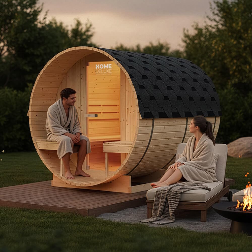 Home Deluxe - Sauna de Exterior de Barril Lahti Deluxe L - Dimensiones: Aprox. 195 cm x 192 cm x 220 cm, Madera: Madera de Abeto - Incl. Calefactor de Sauna y Accesorios de Sauna I Sauna de jardín,