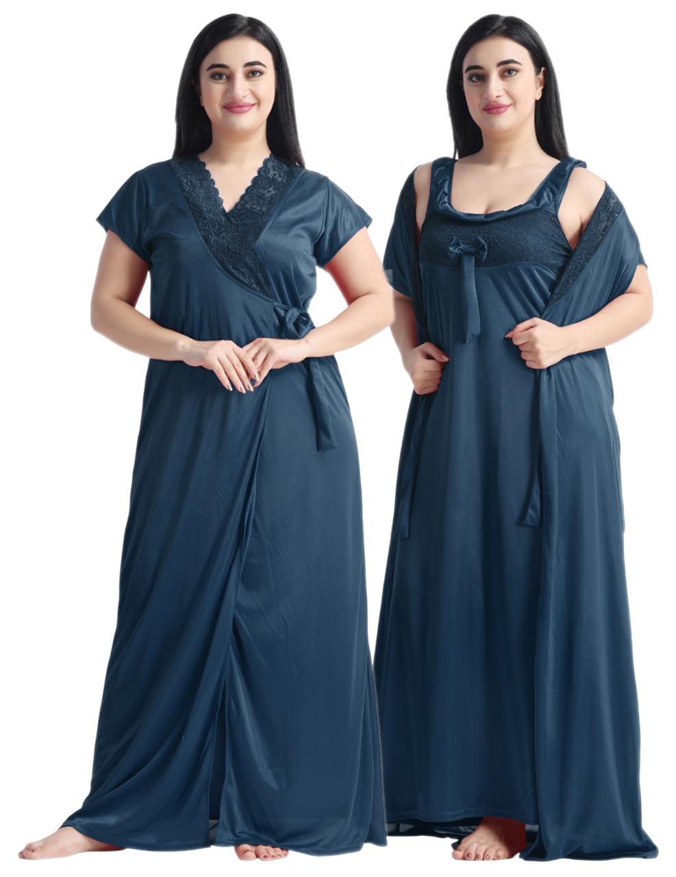 Swati Fashion Women's Long Satin Nightgown, Dark Grey, Lace Trim V-Neck, Floor Length-picture-55