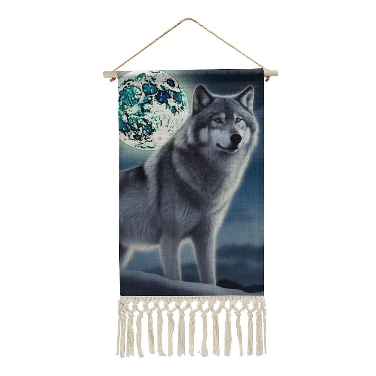 BTCOWZRV Cotton And Linen Hanging Poster with Tassels, Wolf Under Moon Wall Hanging Tapestry Vintage Wall Art Painting Modern Artwork Decoration for Home Decor Ready to Hang 10x19.6 in