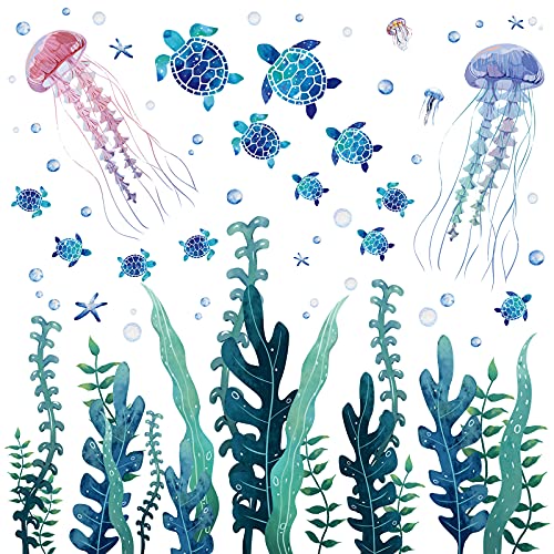 3 Sheets Ocean Wall Decal Jellyfish Fish Sea Turtle Wall Sticker Ocean World Grass Seaweed Wall Stickers Vinyl Removable Under The Sea Decor For Kids Nursery Bathroom Bedroom Toilet (Jellyfish Style) #TOP30
