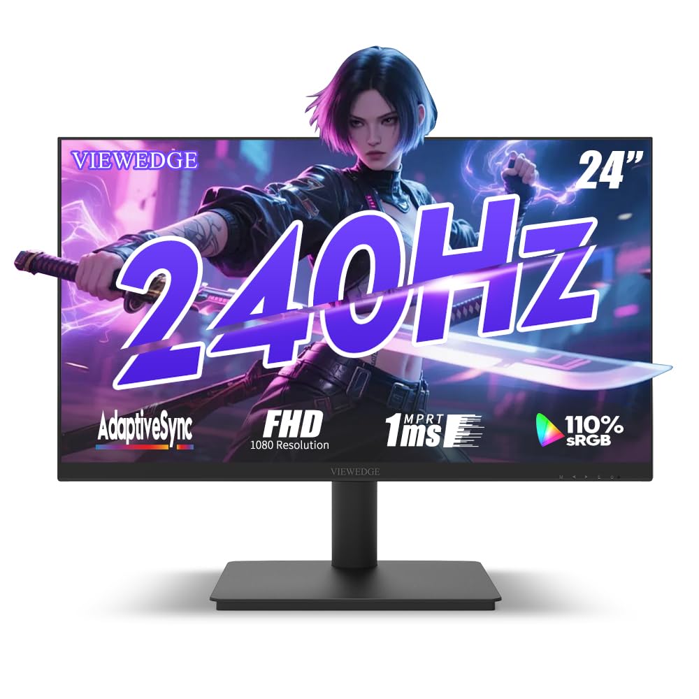 Viewedge Monitor de juegos de 24 pulgadas, 240 Hz, 1 ms, FHD 1920 × 1080, 110% sRGB, HDMI × 2 y DP × 1, compatible con sincronización adaptativa y montaje en pared
