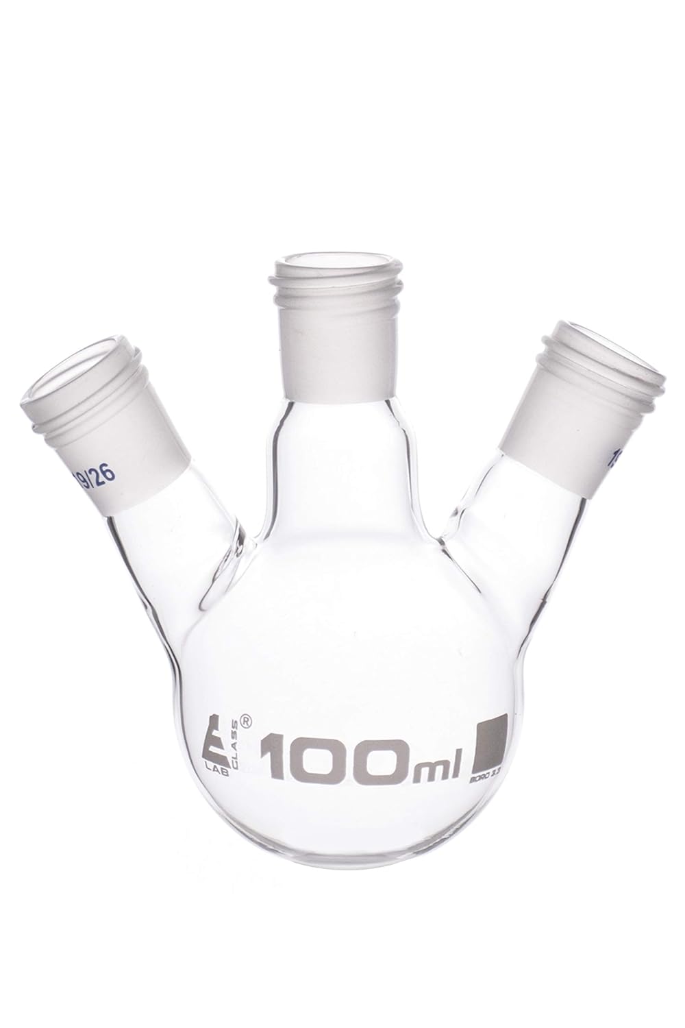 EISCO Distillation Flask with 3 Necks, 100ml Capacity, 19/26 Joint Size, Interchangeable Screw Thread Joints, Borosilicate Glass - Eisco Labs