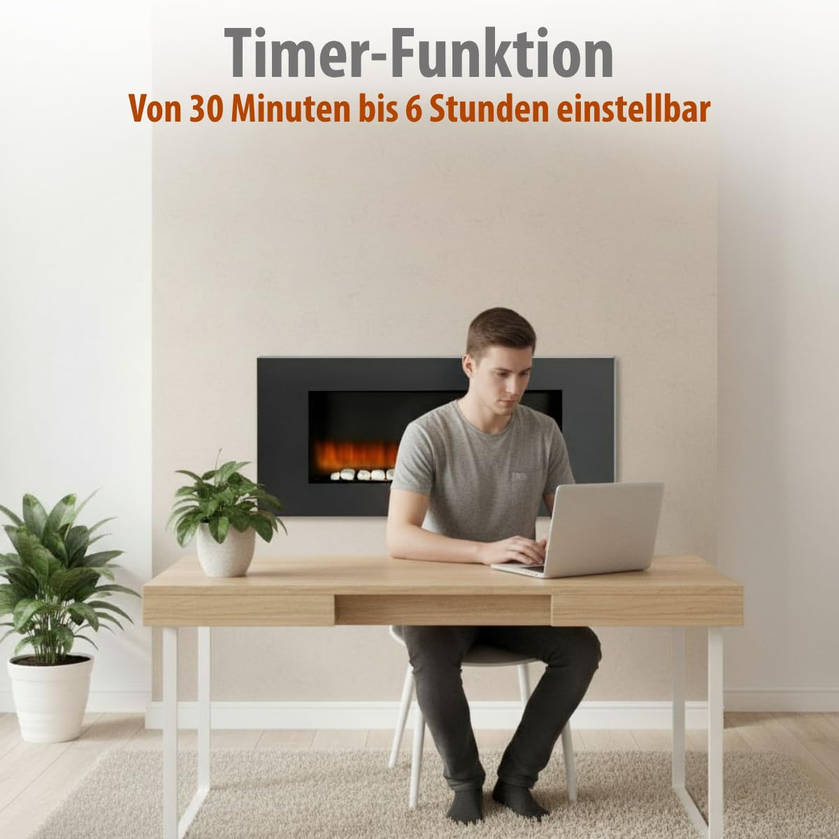 Vancouver Elektrokamin mit Heizung - Elektroheizung 105,5 x 48 x 12 cm - Elektroherd mit LED-Flammen - mit Heizung, Fernbedienung und Timer - 2000 W - Wandmontage - Schwarz