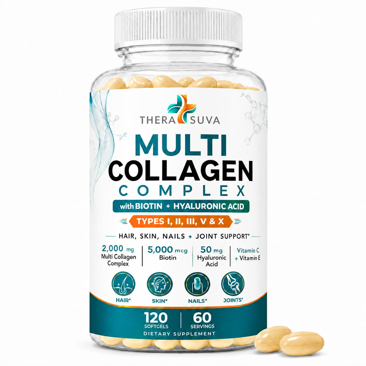 TheraSuva Multi-Collagen Complex Supplement, 120 Softgels, 2 Month Supply