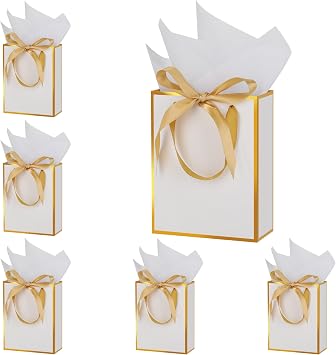OEMVALATY 6 Pcs Thank You Gift Bags with Handles and Tissue Paper 9 x 7 x 3. 15 Metallic Welcome Gift Bags with Bow Ribbon for Wedding Bridal Baby Shower Anniversary Birthday PartyWhite, Gold