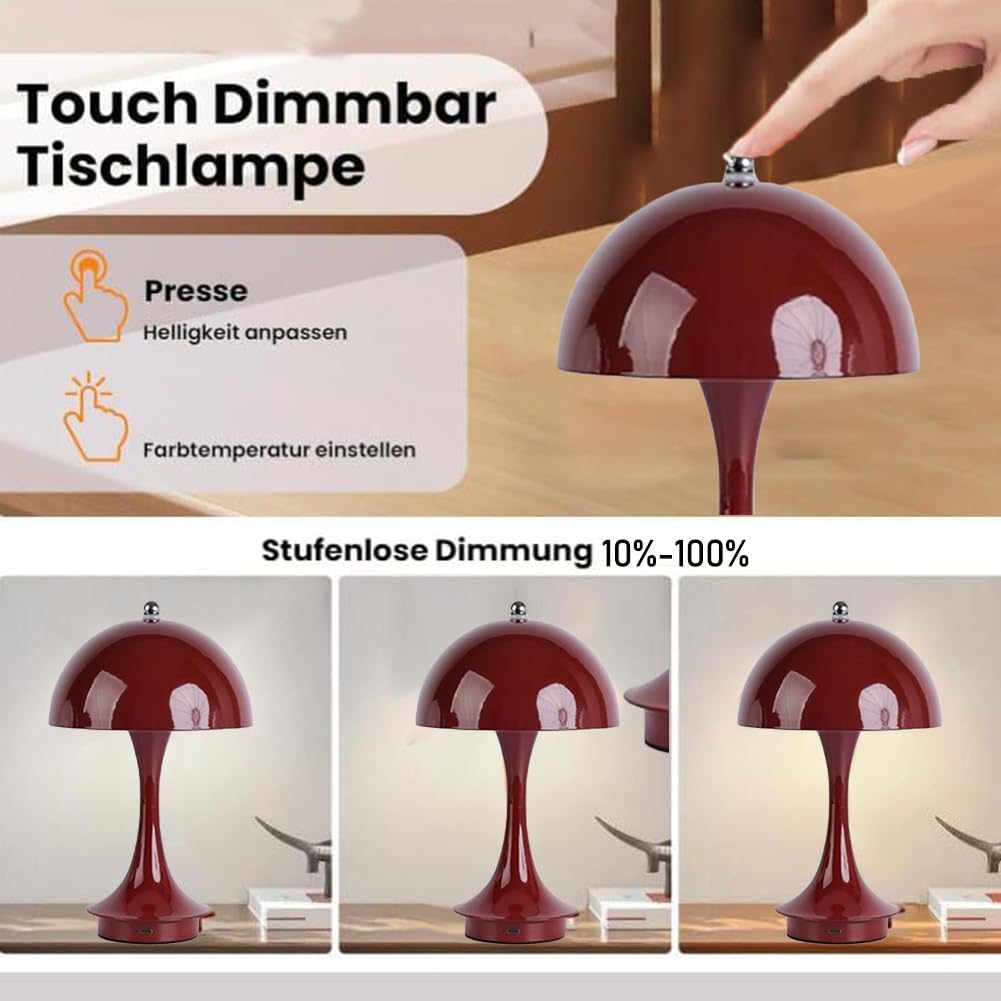 Pilzlampe LED Akku Tischlampe Kabellos USB Aufladbar Tischleuchte Batterie Dimmbar mit Touch Control Pilz Lampe Innen und Außen Tragbare Kinderzimmerlampe Batterie Schreibtischlampe,Red b