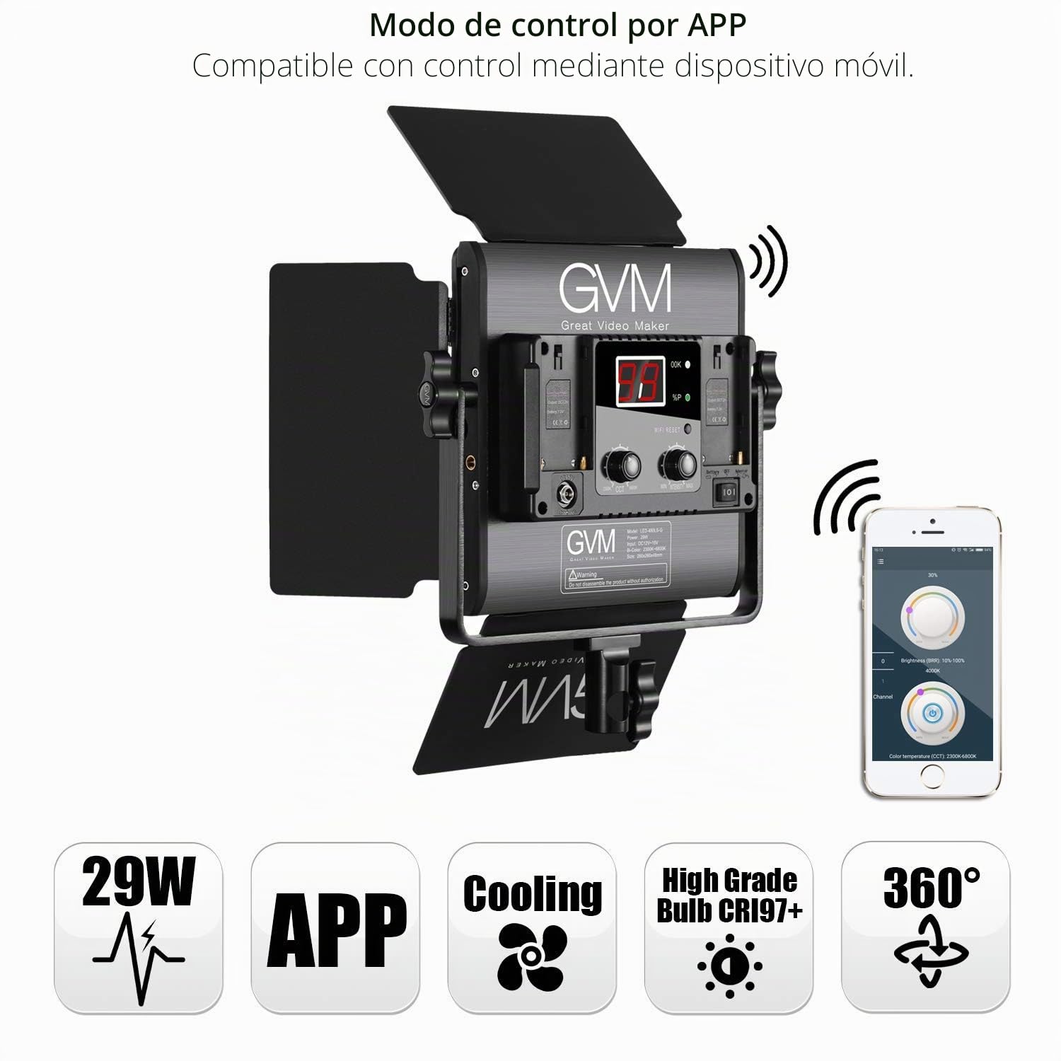 GVM - Lámpara de Vídeo LED con Trípode, Aplicación Control 480 LED, Iluminación Fotográfica para Youtube Studio, Juego Luces Vídeo, CRI97, Panel Bicolor 2300 K-6800 K, Nivel luz (3 Unidades)