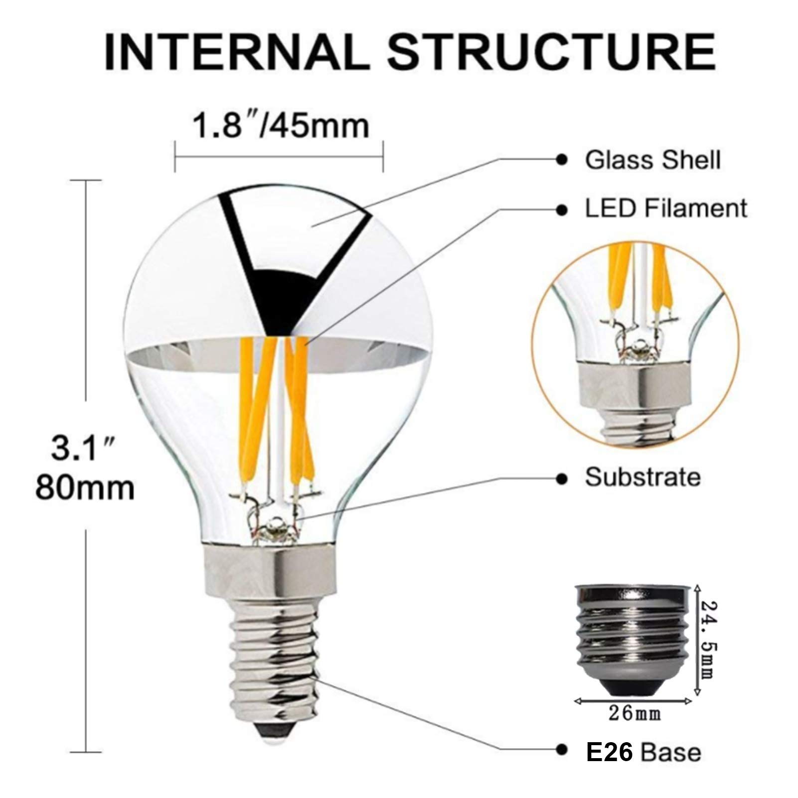 Lampe semi-chrome 4 W G45 à intensité variable, blanc chaud 00 K équivalent 40 W, ampoule rétro à filament LED 400 lm, avec miroir argenté, utilisée dans les restaurants d'intérieur, 4 paquets, arge
