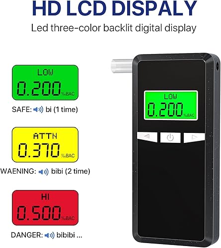 Miniatura 5 de Alcoholímetro, probador de alcohol de precisión de grado profesional con pantalla LCD digital azul para uso doméstico o de fiesta con 10 boquillas