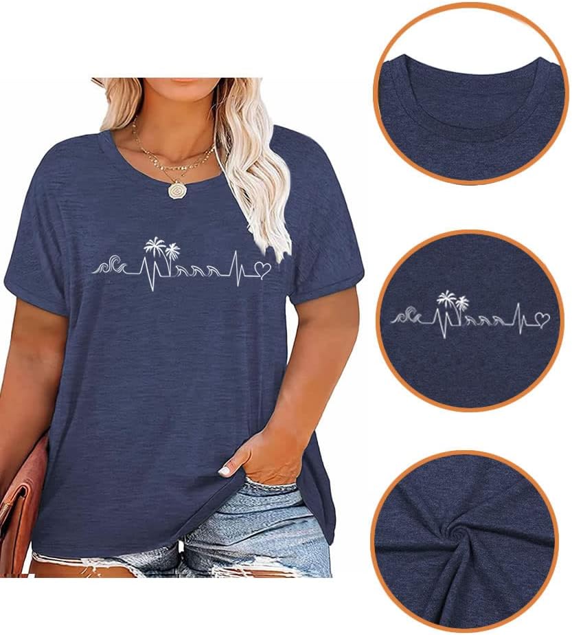 Women's Summer Plus Size Beach Vacation Printed Short Sleeve Round Neck Casual Top - Image 4