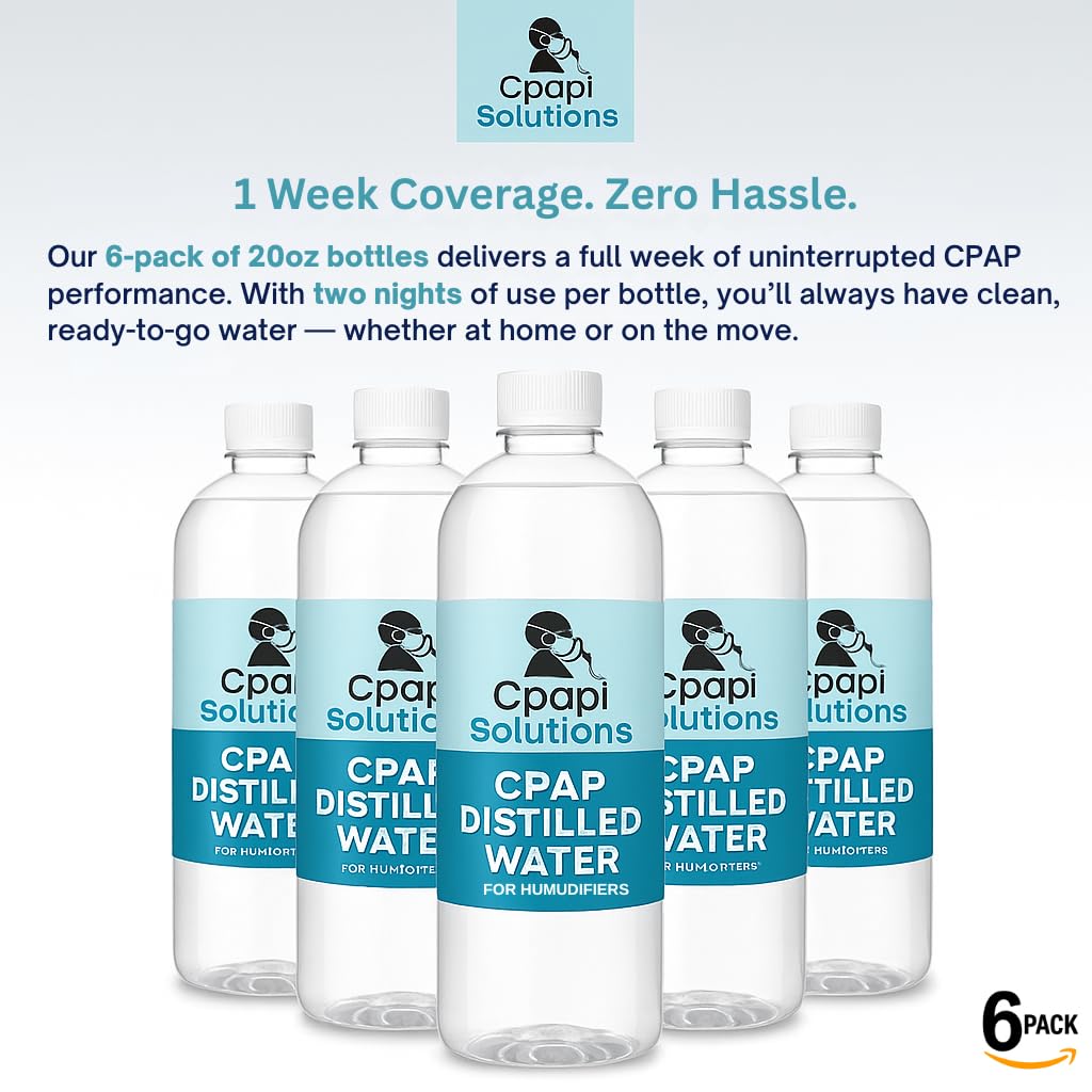 CPAPi Solutions Distilled Water for CPAP – 6-Pack Travel Ready Bottles (20 oz) – Up to 12-Day Supply – Steam Purified & Filtered – Made in USA – Compatible with All CPAP Machines & Humidifiers