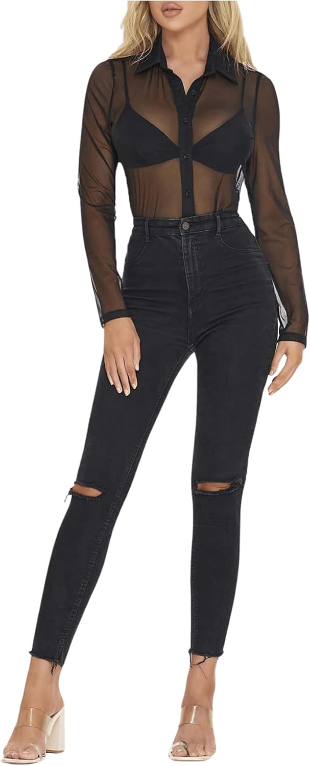GORGLITTER Women's Sheer See Through Tops Blouse Shirt Long Sleeve Collar Fall Blouses 2024 - Image 5