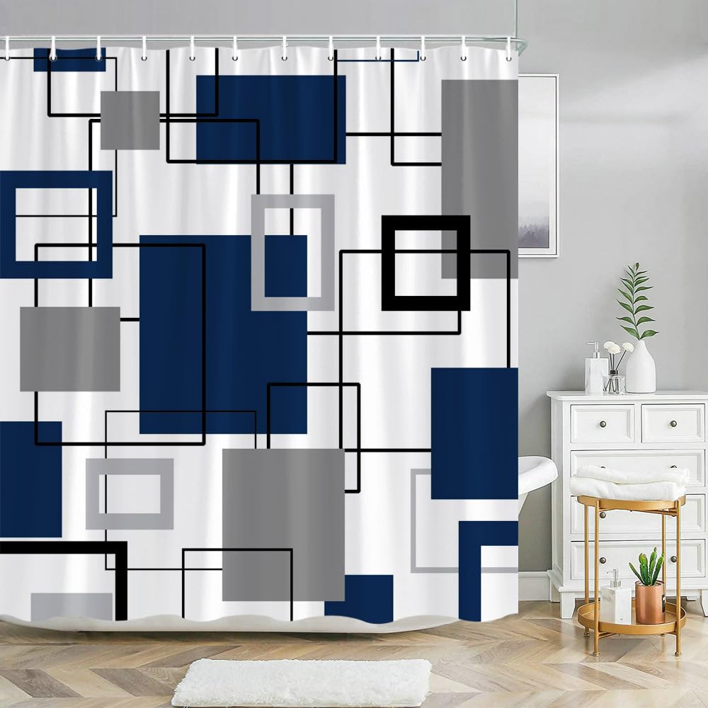 GLWDMB 1 Piece 120x180CM Abstract Geometric Grid Pattern Printed Shower Curtain With Hook, Polyester, for Windows And Walls, Bathtub, Bathroom, Machine Washable, All Season Universal
