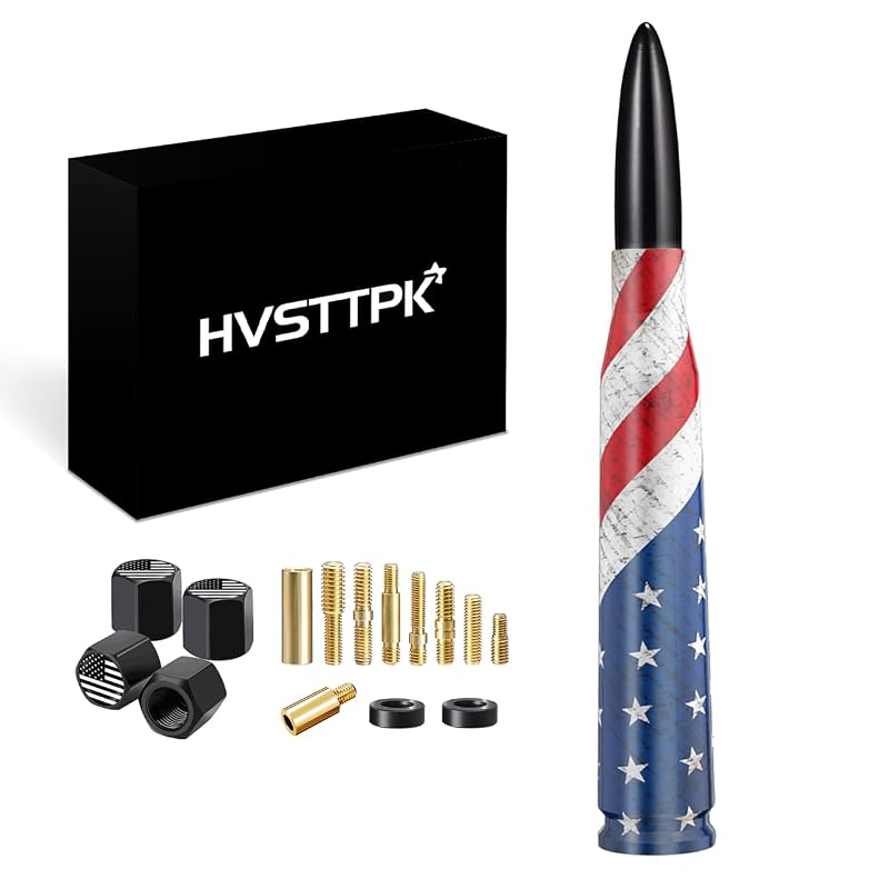 Antena automotiva curta estilo bala HVSTTPK com tampas de válvula, bandeira dos Estados Unidos, 14 cm, para picapes e SUVs