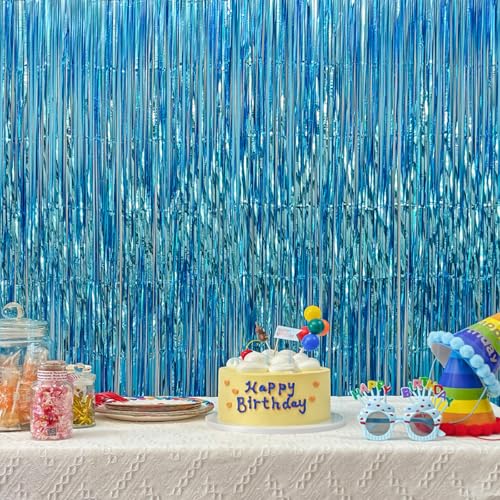 Image of 4 Pack Blue Foil Fringe Curtains, 13.2x6.6ft Ocean Themed Tinsel Streamers Backdrop, Photo Backdrop for Birthday, Baby Shower, Bachelor, Summer Party, Gender Reveal | Blue Streamers Party Decorations