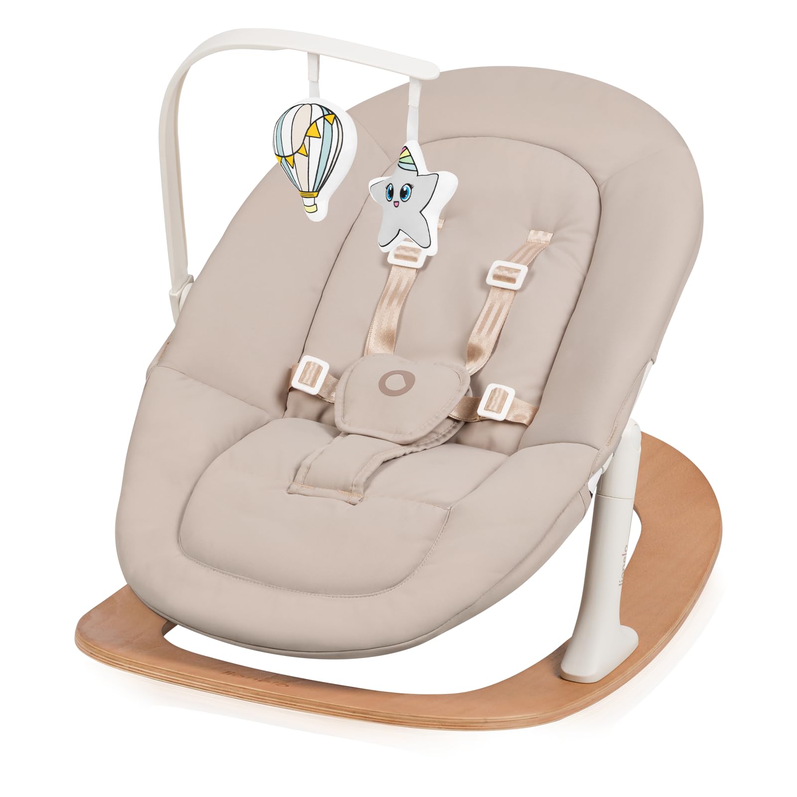 Lionelo Celia Rocker Hamaca Bebé para Recién Nacido, Balancín Bebé sin Mecanismo, Arnés de 5 Puntos, Respaldo Regulable 2 Posiciones, Base de Haya Firme, Funda Lavable, Barra con Juguetes, hasta 9 kg