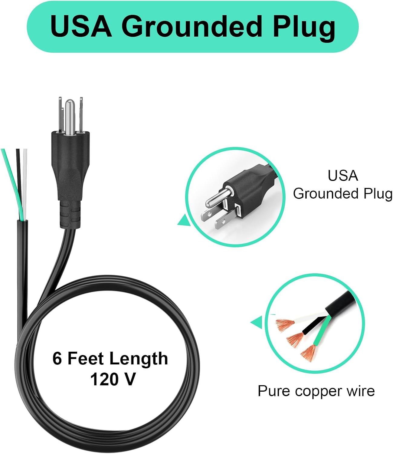 6 FT 14 AWG 3 Prong Replacement Power Cord, 15 Amp 14 Gauge 3 Conductor Wire Extension Cable with Pigtail Open Wiring End.General Electrical AC Power Cord