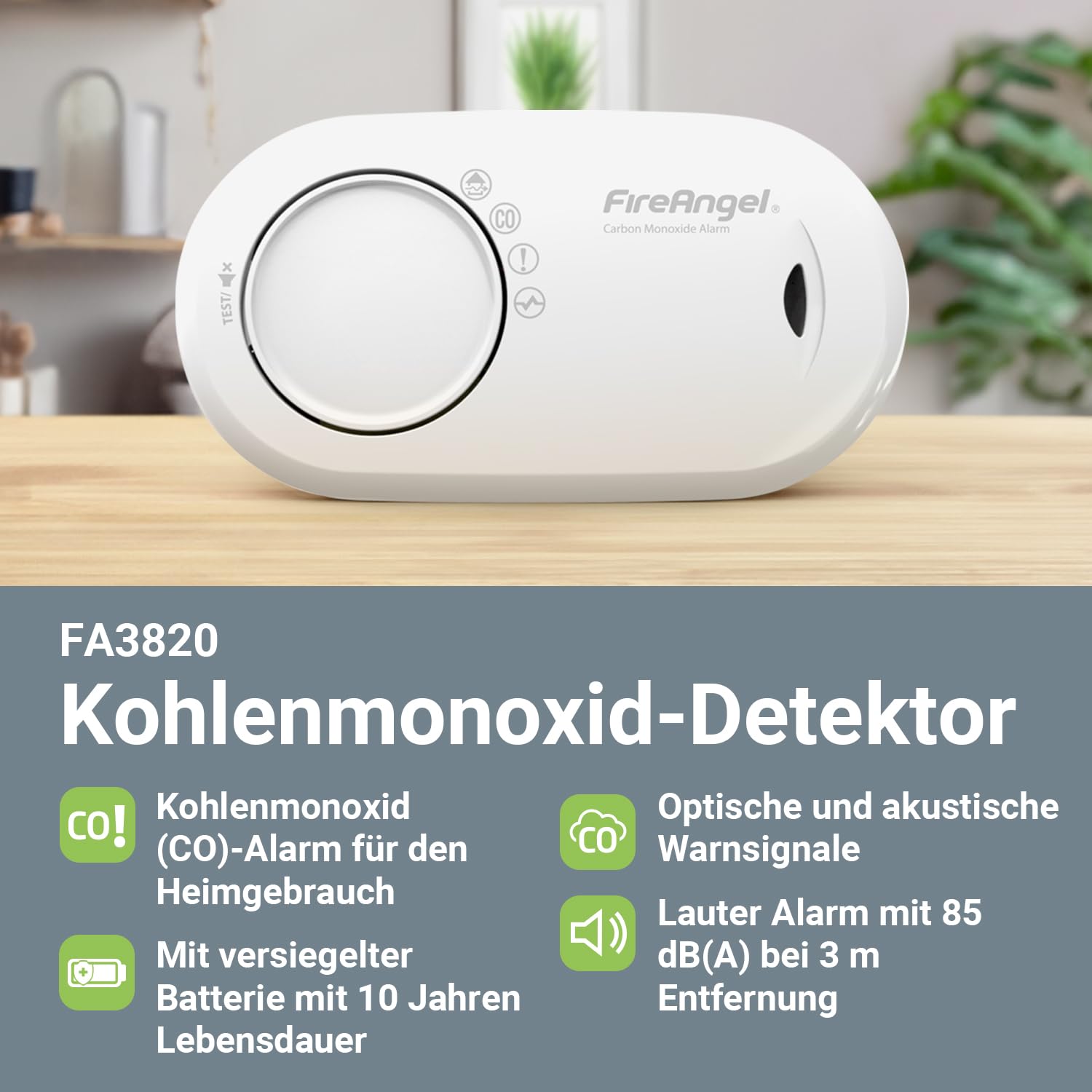 Fire Angel Kohlenmonoxidmelder Versiegelte 10 Jahres Batterie - FA3820 CO-Melder für Zuhause und im Urlaub - Tragbarer CO-Warner - Reise-Kohlenmonoxid-Detektor und Alarm - Weiß