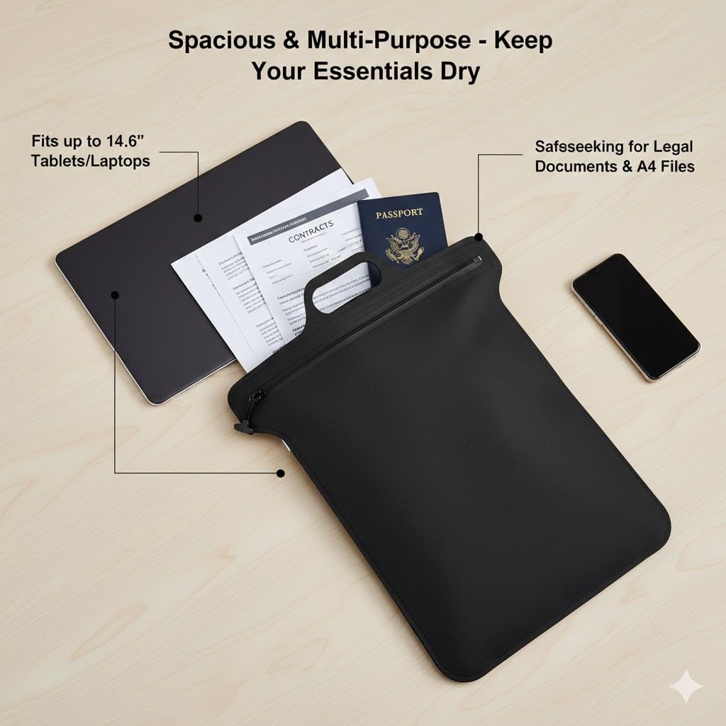IPX8 Waterproof Dry Bag for 14" Laptop, iPad Pro/Air/Mini, Documents - Flame Retardant Fabric, Submersible Protective Sleeve