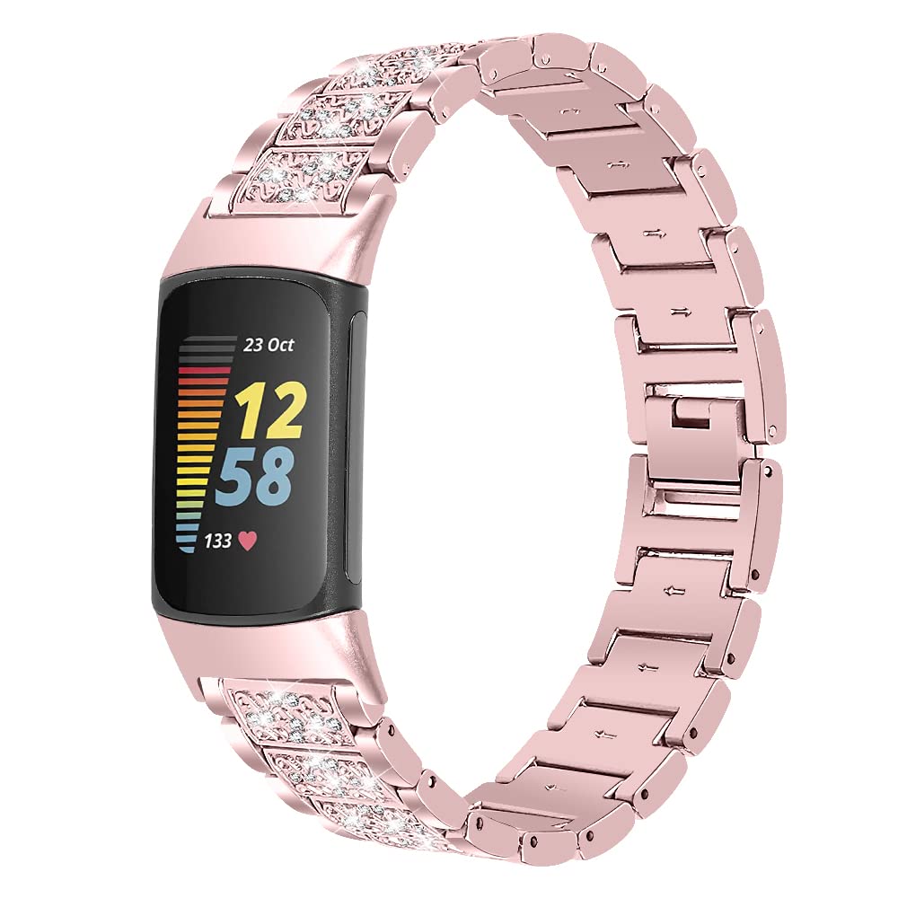 Gimuk Metal Strap Compatible with Fitbit Charge 6/Charge 5 Strap for Women Men, Adjustable Stainless Steel Bling Glitter Diamond Sport Wristband Replacement band Strap for Fitbit Charge 6 (Rose Pink)