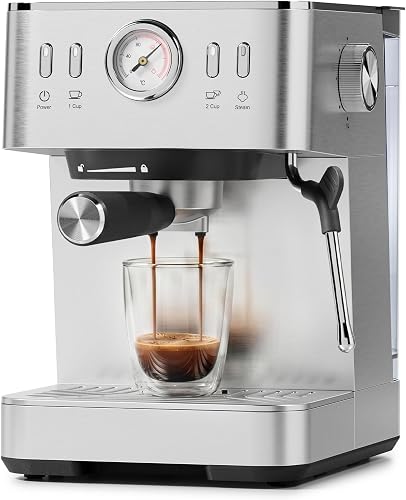 Compact Espresso Machine with Temperature Display & Milk Frother | 20 Bar Pump, Fast Brew, Easy to Use, Stainless Steel, 50oz Removable Water Tank, Cappuccino & Latte Machine for Home, Silver